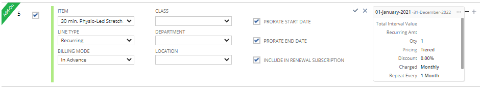 Subscription line showing green Add-On identifier on left side of a subscription line (example).