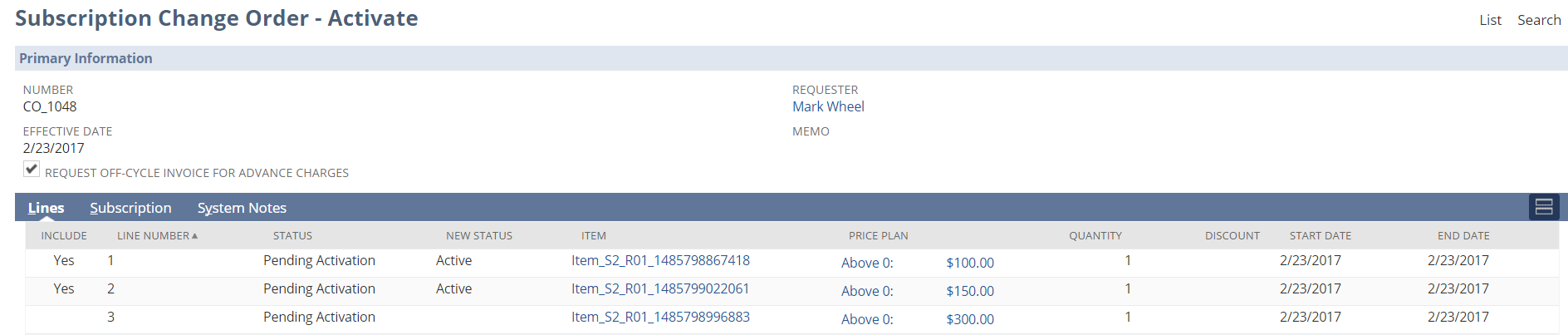 Subscription Change Order - Activate record.