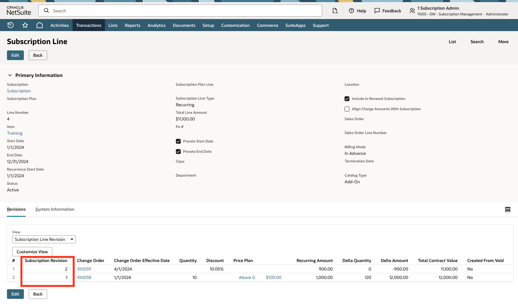 Subscription line record with Subscription Revision column highlighted.