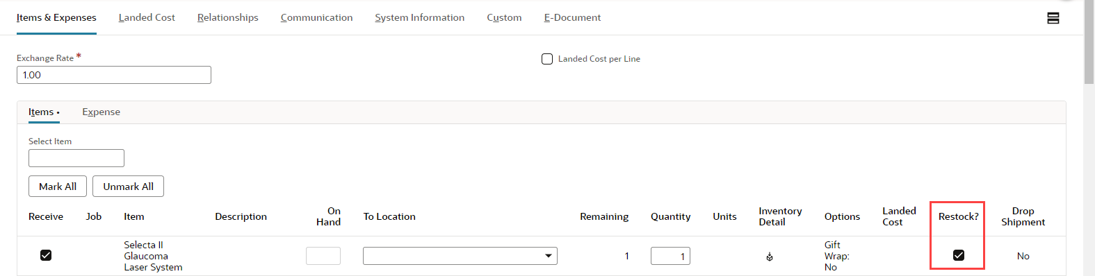 Items & Expenses subtab, with location of the box in the Restock column highlighted