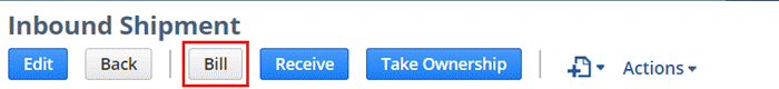 Location of the Bill button below the Inbound Shipment page header.