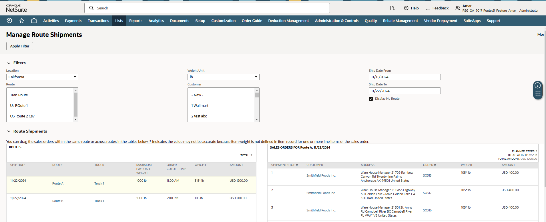 Manage Route Shipments page