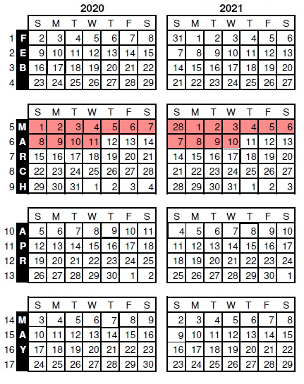 Calendar with weeks highlighted as described in the example.