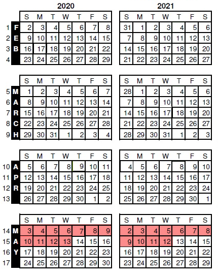 Calendar with weeks highlighted as described in the example.