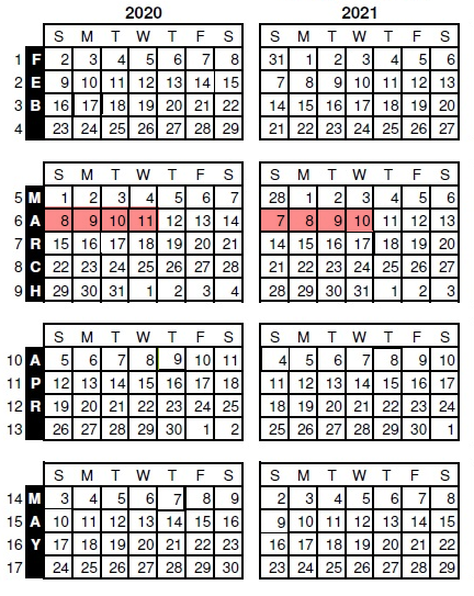 Calendar with weeks highlighted as described in the example.