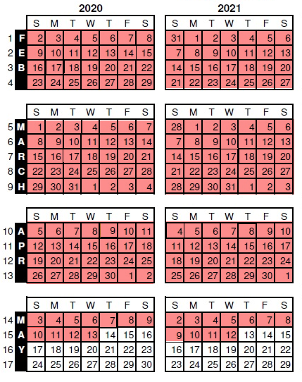 Calendar with weeks highlighted as described in the example.