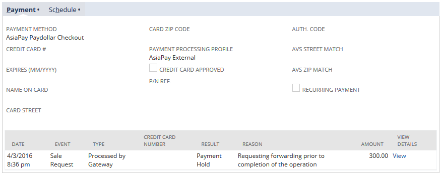 Payment subtab of the Billing subtab showing payment status.