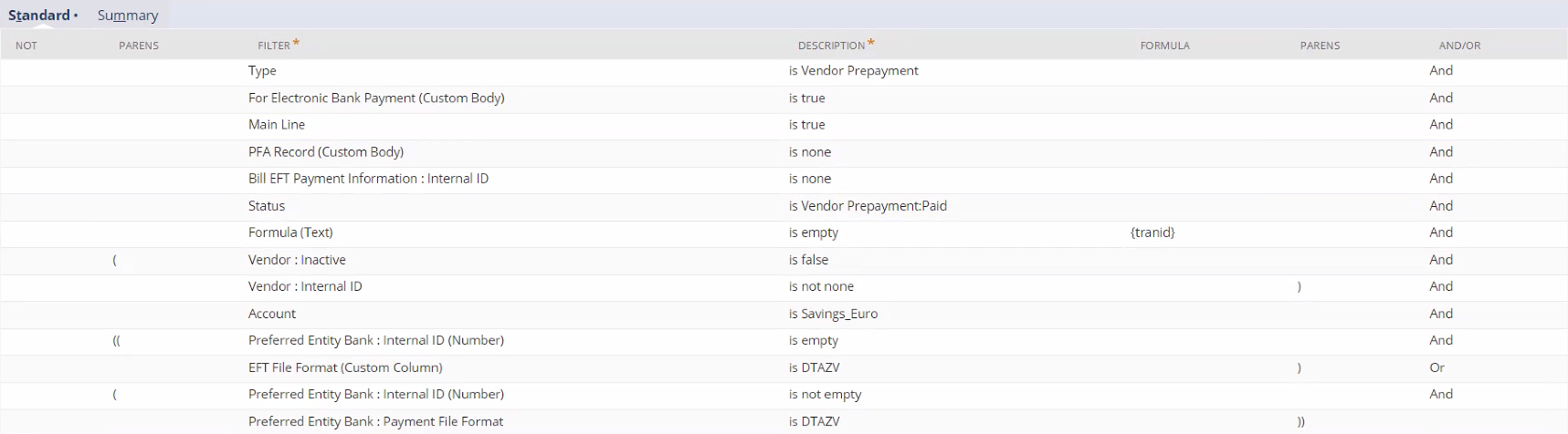 Example of saved search filters for VPP shown on the Standard subtab.