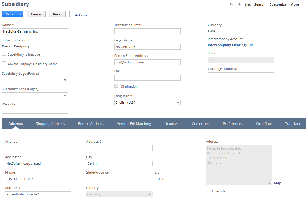 Subsidiary record showing an example subsidiary address that will appear on payment notifications.