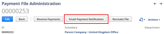 Location of the Email Payment Notification button on the Payment File Administration page.