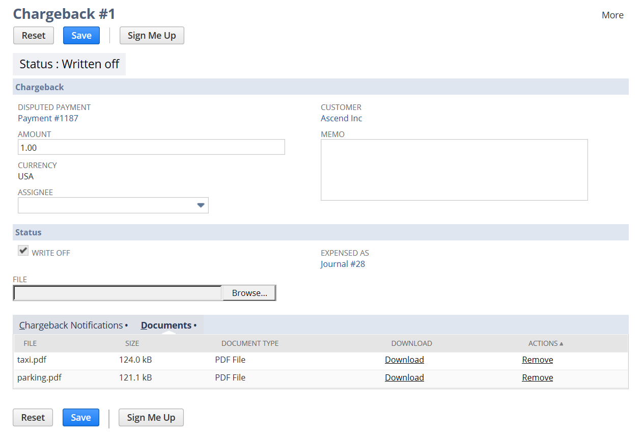 example chargeback record showing where to add supporting documents