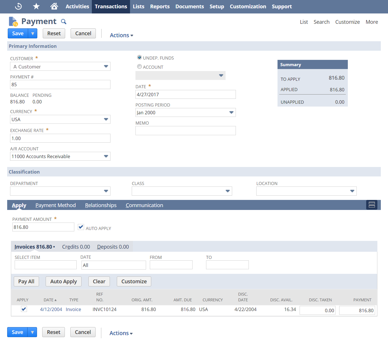 Example of a NetSuite Payment record