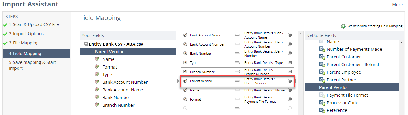 CSV Import Assistant, showing location of the pencil icon next to the Parent Vendor field.