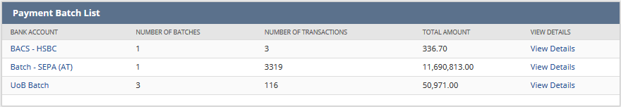 Example of a Payment Batch List portlet showing 3 lines.