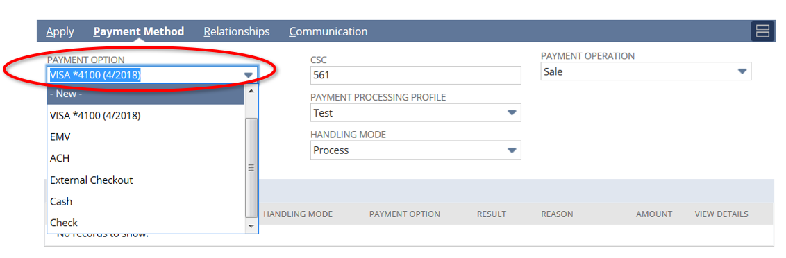 Payment Method subtab showing how fields are consolidated under the Payment Option list when Payment Instruments is enabled.