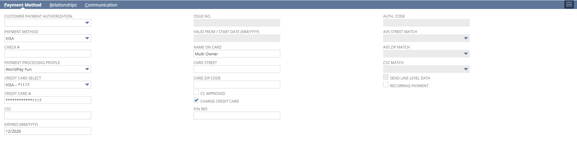 Payment Method subtab, as it appears when Payment Instruments is not enabled.