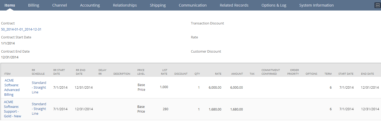 Items subtab showing details of new contract sales order (tied to the existing contract).