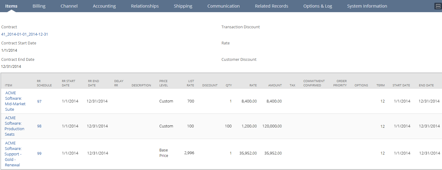 Items subtab showing details of the renewal transaction (value of the non-renewable service item is not included in the totals).