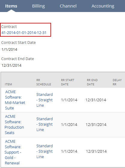 Example Items subtab with Contract field highlighted.