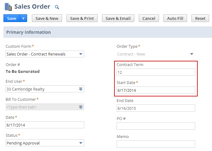 Example Sales Order record, with Contract Term and Start Date fields highlighted.