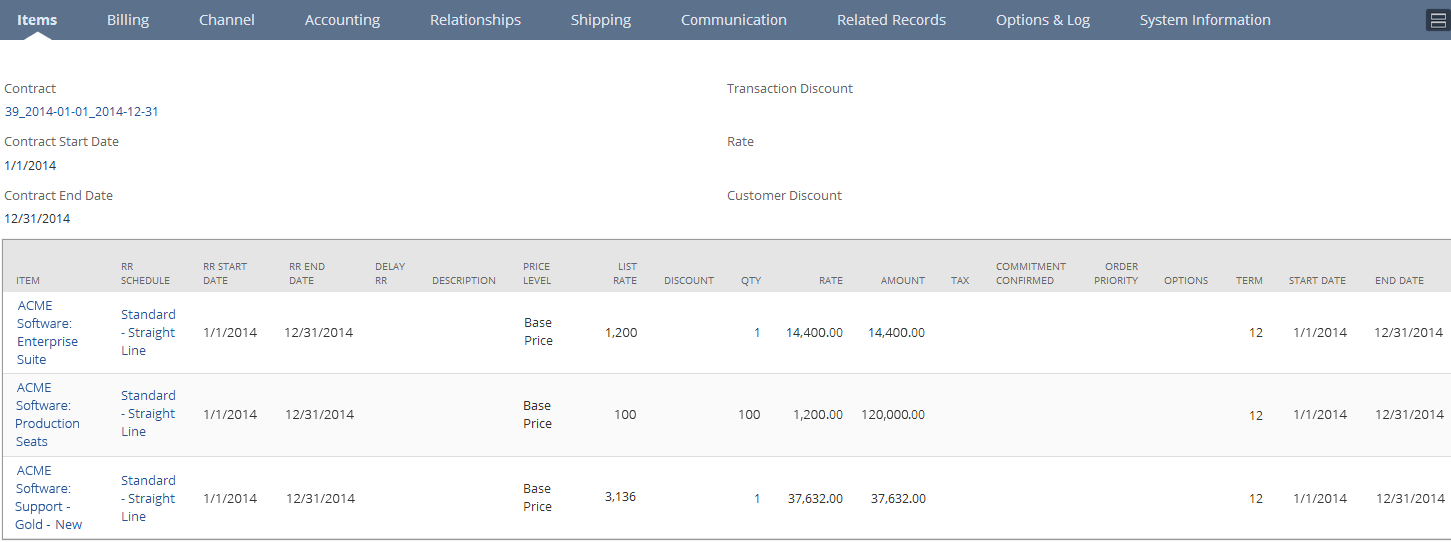 Items subtab showing details of initial contract sales order.