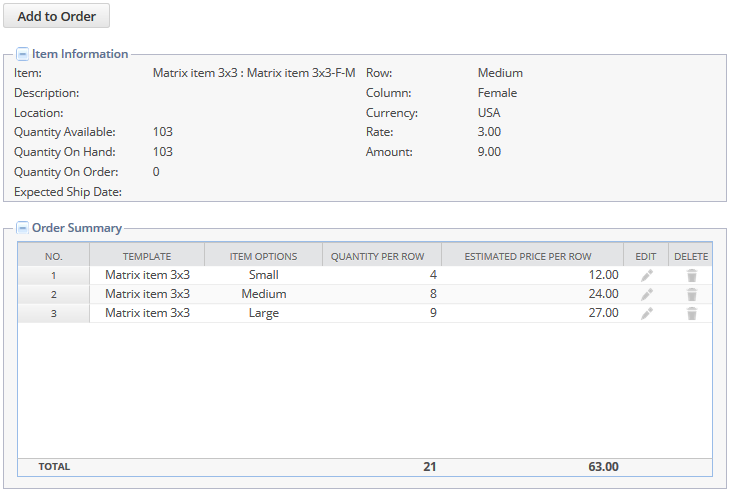 Example of an Order Summary with Item Information.