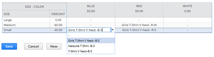 Grid showing an expanded drop-down list in a selection field.