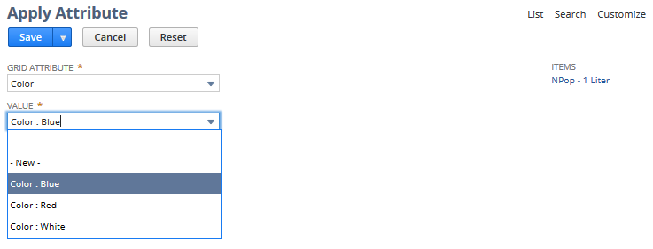 Apply Attribute page showing the Grid Attribute field and the Value field expanded to show 3 color selections.