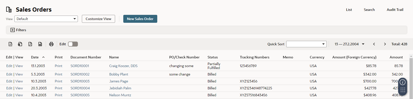 Sales Orders page showing where to click to print.