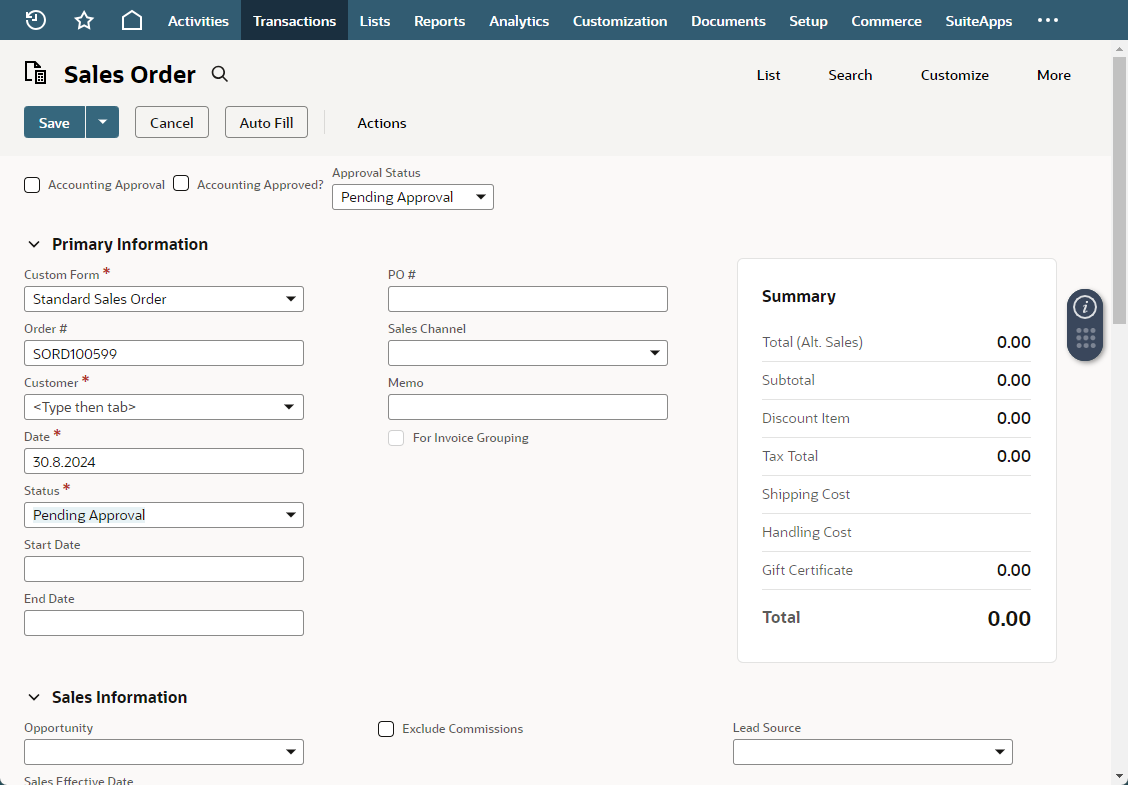 Standard sales order form.