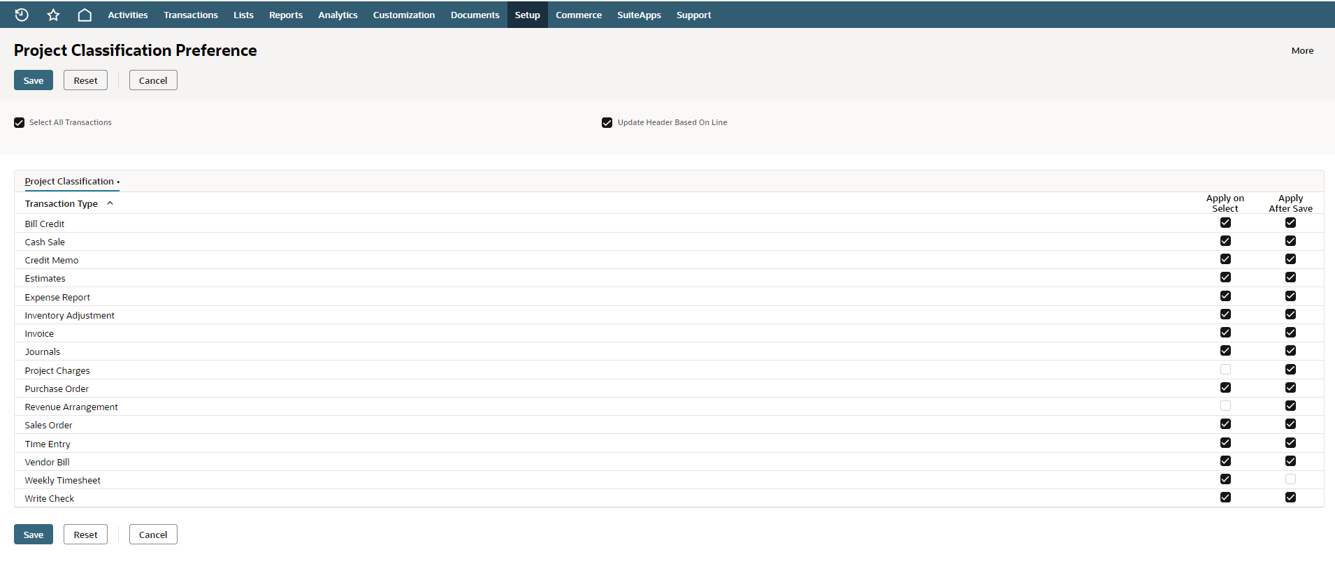 Project Classification Preferences Page