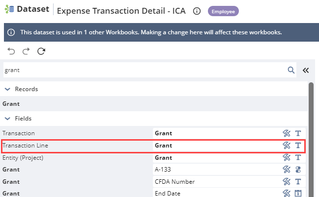 A portion of the Field list showing the Grant field next to Transaction line outlined in red.