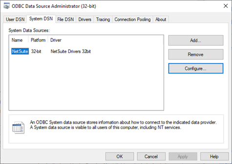 ODBC System Data Sources on the System DSN tab.