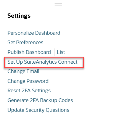 The Set Up SuiteAnalytics Connect option in the Settings portlet.