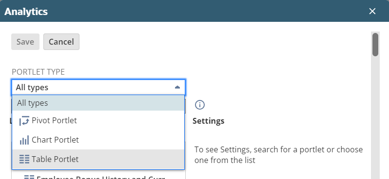 Analytics Portlet Type dropdown