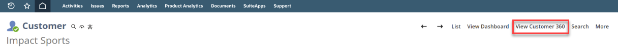 View Customer 360 on the Customer record page outlined in red.