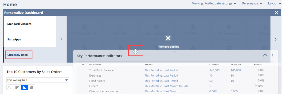 Dragging a portlet to the Personalize Dashboard palette.