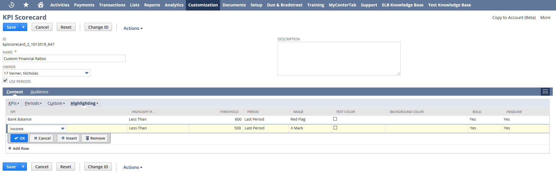 Highlighting subtab on the KPI Scorecard page.