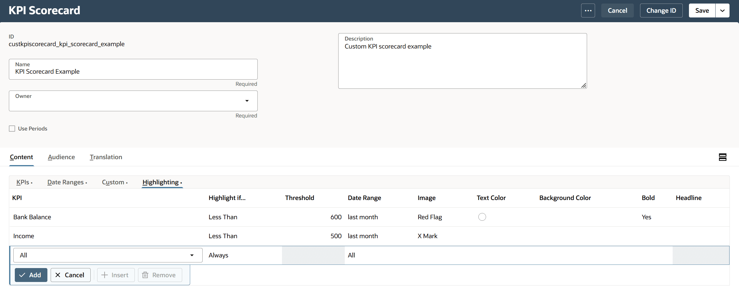 Highlighting subtab on the KPI Scorecard page.