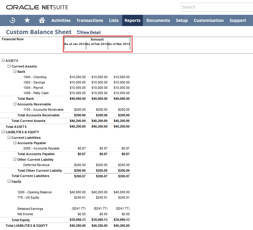 Custom Balance Sheet preview based on the Alternate Period Range and Range Segment selections.