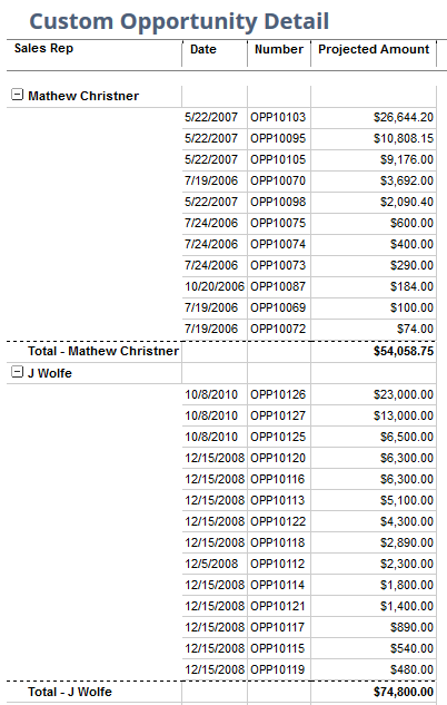 Custom Opportunity Detail report example.