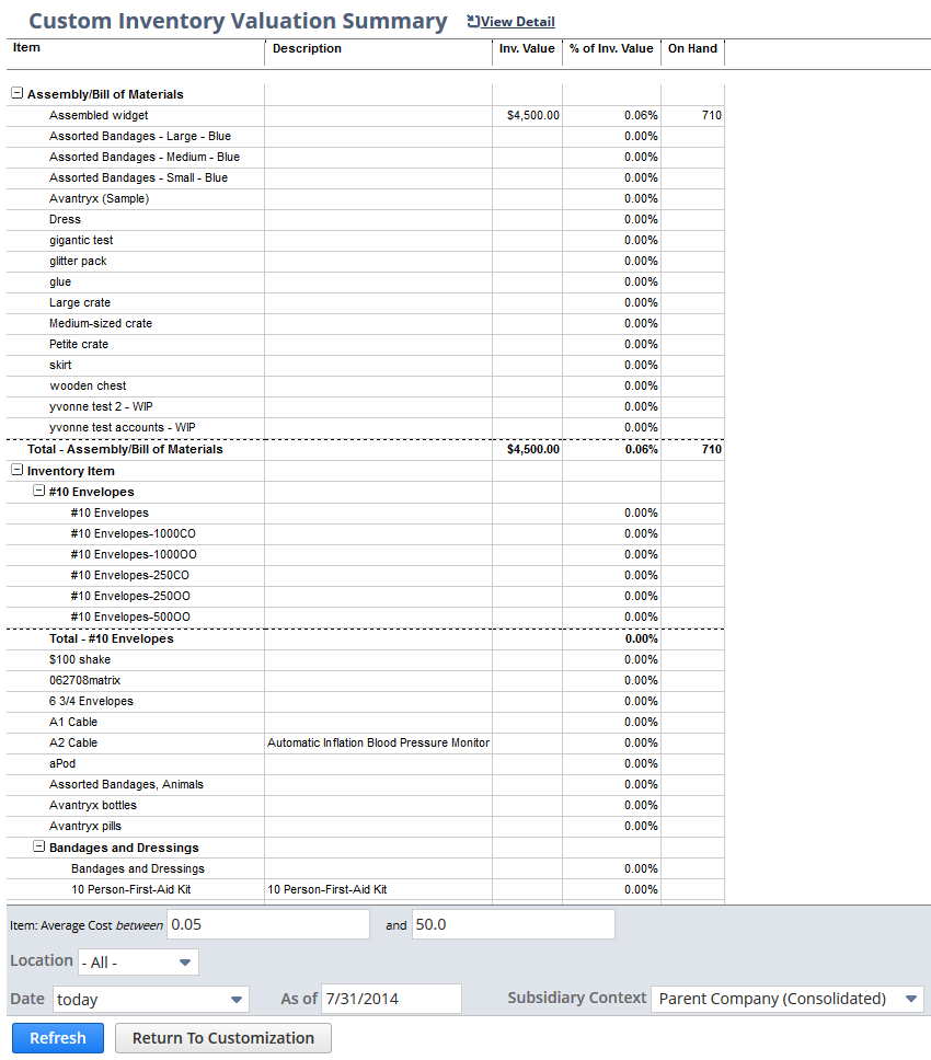 Custom Inventory Valuation Summary example.