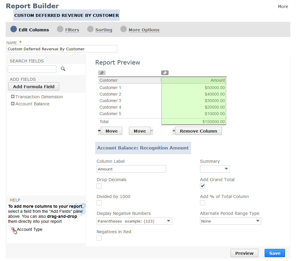 Add, remove, or reorder report columns in the Report Builder.