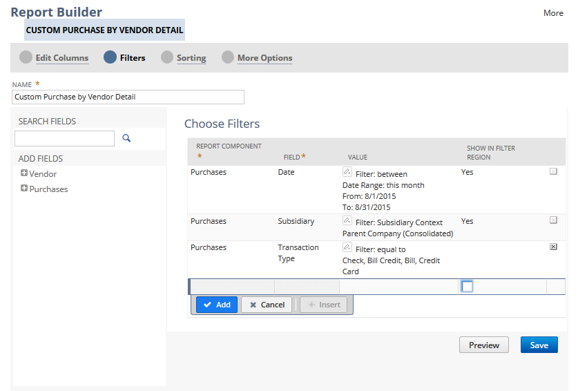 Default date range filter on the Filters page of the Report Builder.