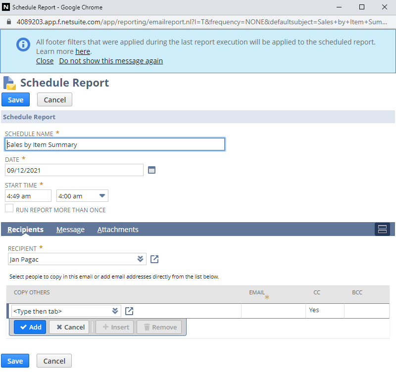 Schedule Report page