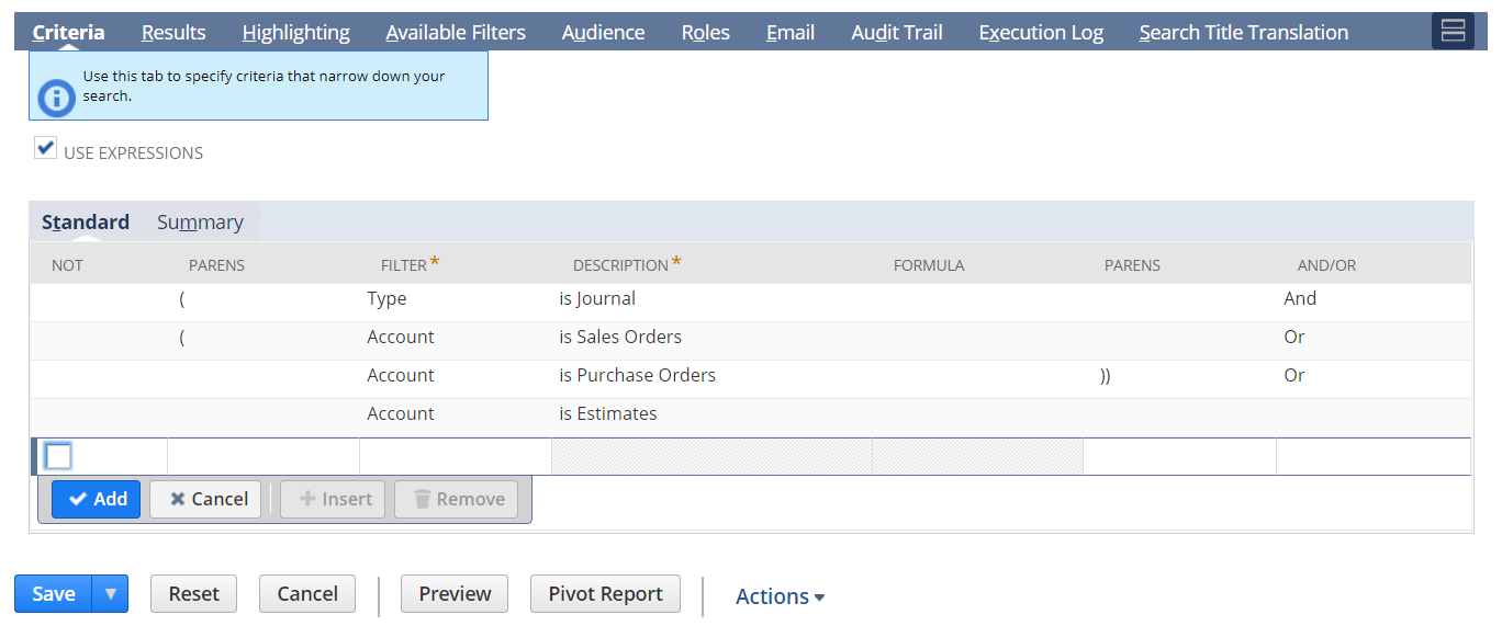 NetSuite Applications Suite - Using Expressions in Search Criteria