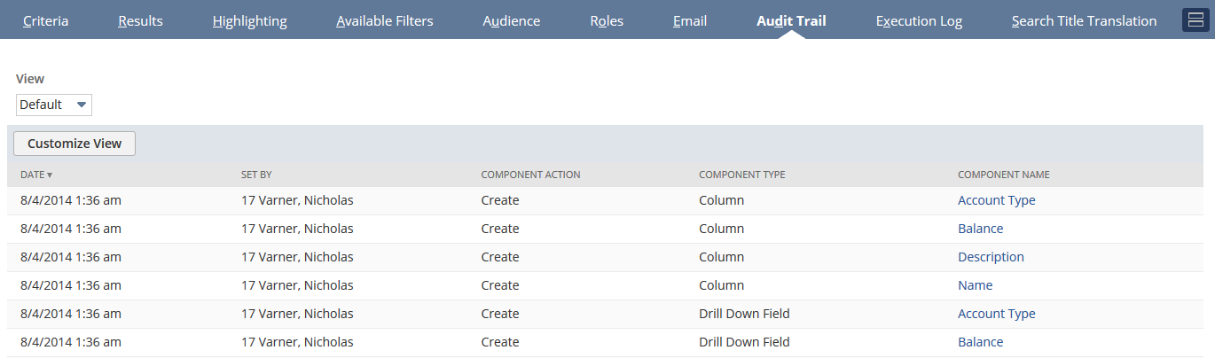 Audit trail subtab