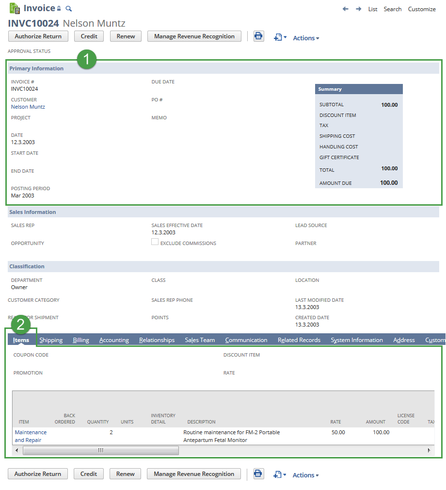 Main line invoice with numbers.