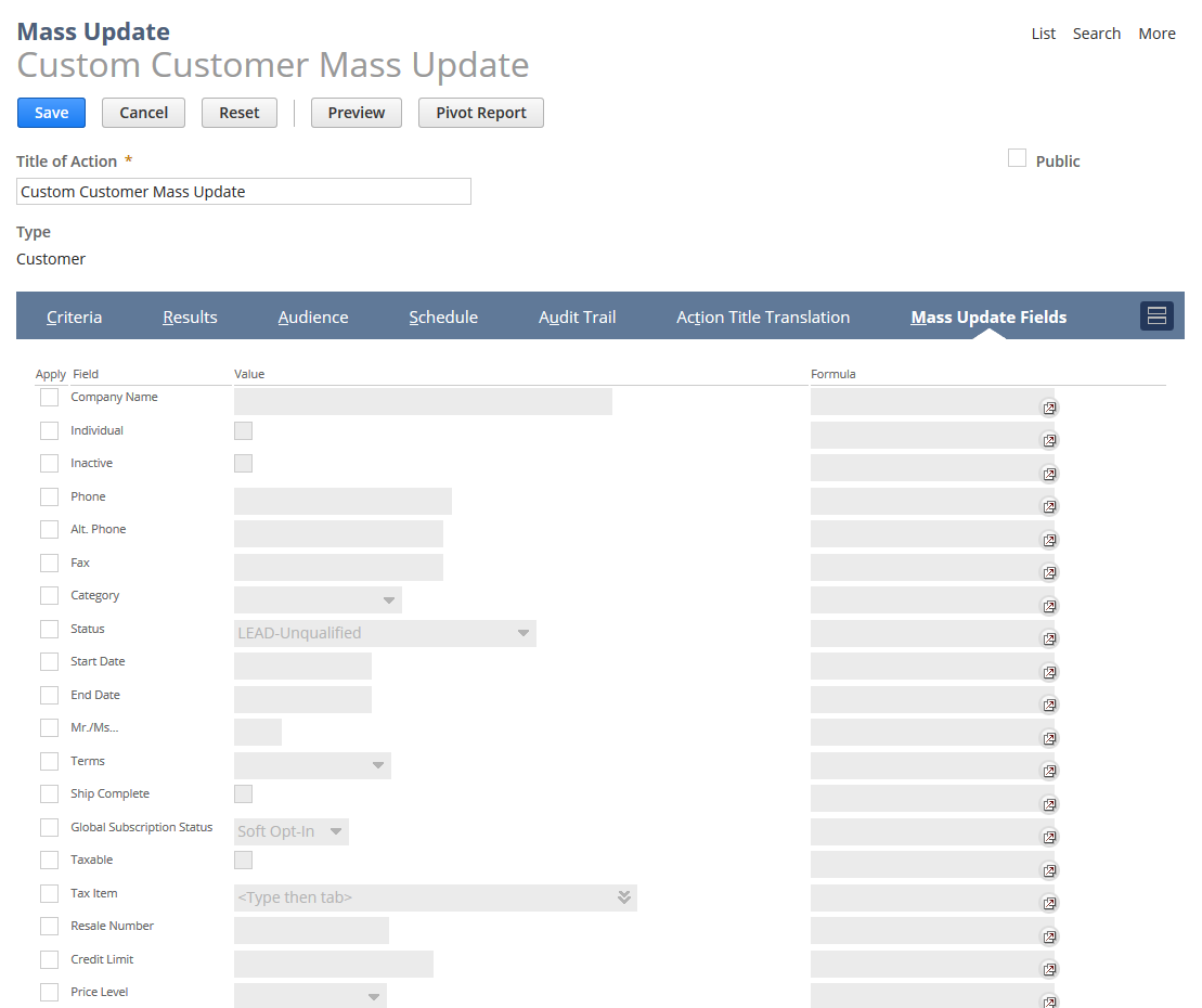 Mass Update Fields subtab on the Mass Update page.