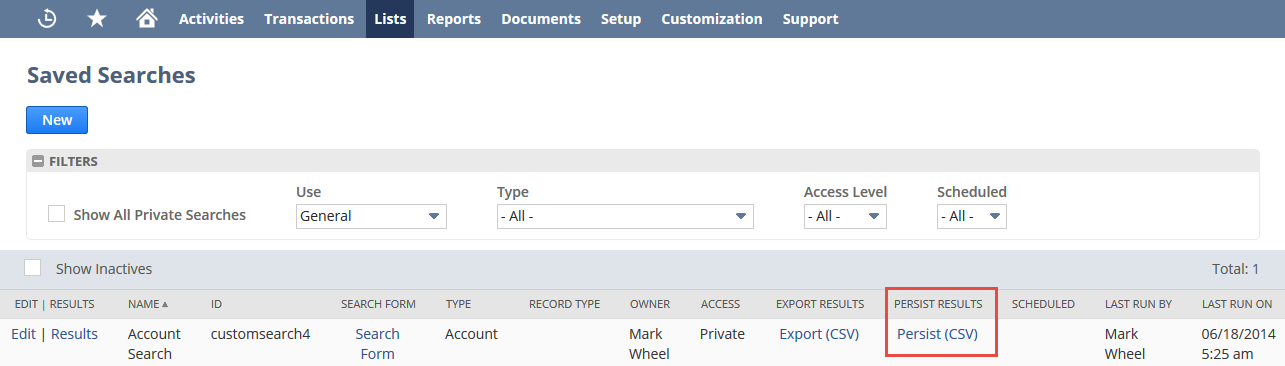 Persist (CSV) link on the Persist Results subtab.